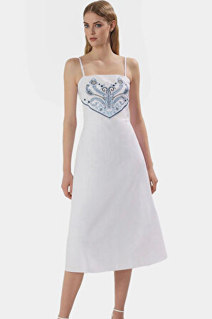 A line Pamuklu Poplin Nakışlı Midi Elbise Rahat Şık ve Yazlık Özel Tasarım