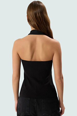 Fitted Vücut Örme Bluz Renk Polo Yaka Fermuarlı Pamuklu Yazlık Konforlu Kesim