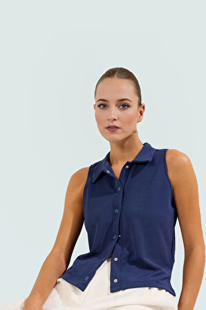 Regular Kalıp Kolsuz Bluz %96 Polyester %4 Elastan Polo Yaka Rahat Yazlık Zarifane Tasarım