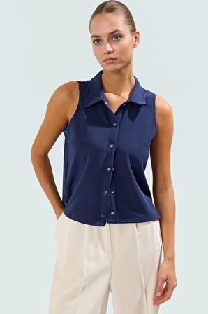 Regular Kalıp Kolsuz Bluz %96 Polyester %4 Elastan Polo Yaka Rahat Yazlık Zarifane Tasarım