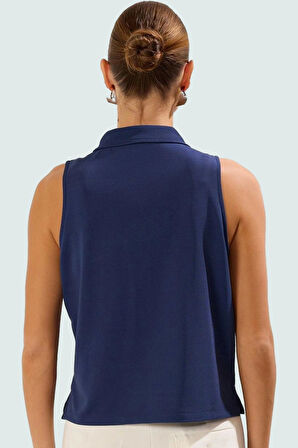 Regular Kalıp Kolsuz Bluz %96 Polyester %4 Elastan Polo Yaka Rahat Yazlık Zarifane Tasarım