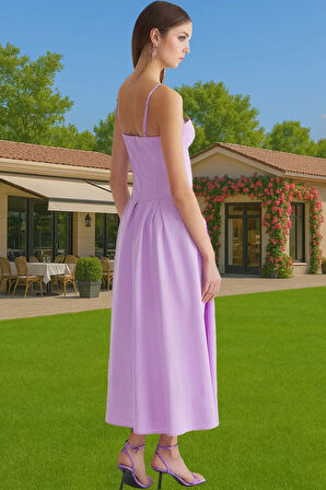 Çiçekli Desenli A Kesim Midi Boy Poplin Abiye Elbise Özenle Seçilmiş Mükemmel Uyum