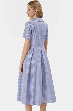 Pamuklu Polyester Dokuma Midi Elbise Çizgili Skater Kalıp Yazlık Mükemmel Uyum Premium Kalite