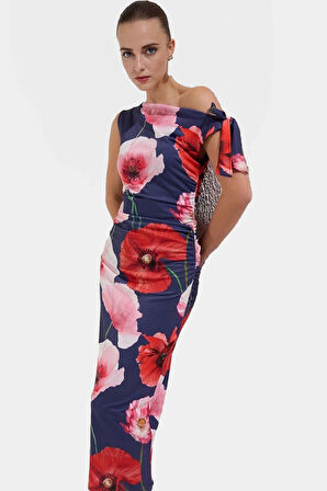 Vücuda Oturan Maxi Elbise Tek Omuz Asimetrik Yaka Polyester Kumaş Rahat Kullanım