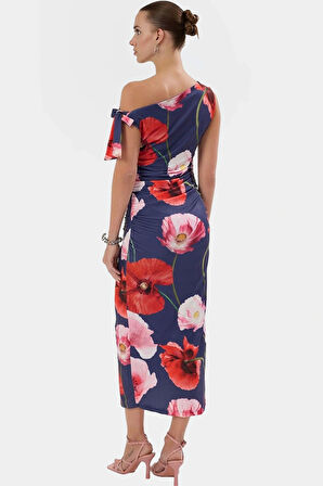 Vücuda Oturan Maxi Elbise Tek Omuz Asimetrik Yaka Polyester Kumaş Rahat Kullanım