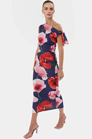 Vücuda Oturan Maxi Elbise Tek Omuz Asimetrik Yaka Polyester Kumaş Rahat Kullanım