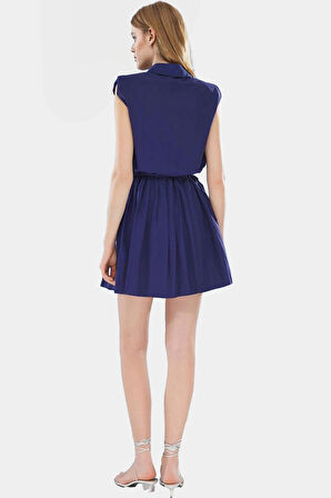 Dokuma Pamuklu Polyester Mini Elbise Gömlek Yaka Piliseli Belden Bağcıklı Yazlık