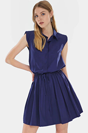 Dokuma Pamuklu Polyester Mini Elbise Gömlek Yaka Piliseli Belden Bağcıklı Yazlık