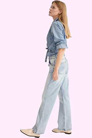 Kadın Pamuklu Denim Geniş Paça Pantolon Günlük Kullanım için Hafta Sonu Yaz Aylarının Vazgeçilmezi