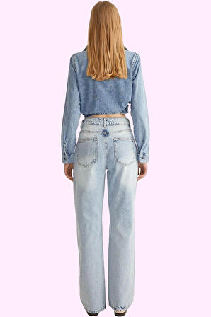 Kadın Pamuklu Denim Geniş Paça Pantolon Günlük Kullanım için Hafta Sonu Yaz Aylarının Vazgeçilmezi