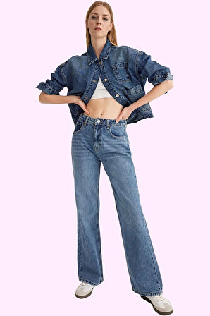 Kadın Pamuklu Denim Geniş Paça Pantolon Günlük Kullanım için Hafta Sonu Yaz Aylarının Vazgeçilmezi