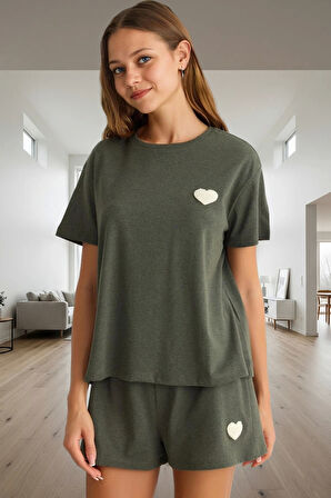 Rahat Yazlık Pijama Takımı Pamuklu Örme Renk Kalp Detaylı 2’li Günlük Kullanım İçin