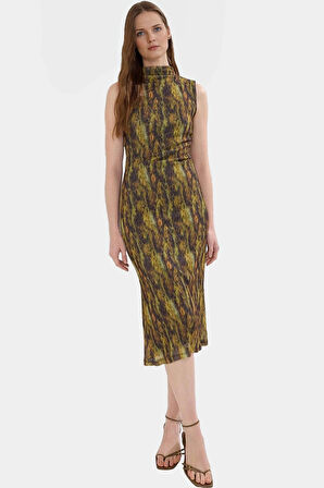 Yazlık Kolsuz Bodycon Kalem Elbise Dik Yaka Leopar Desenli Midi Boy Polyester Zarifane Tasarım