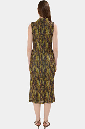 Yazlık Kolsuz Bodycon Kalem Elbise Dik Yaka Leopar Desenli Midi Boy Polyester Zarifane Tasarım