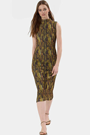 Yazlık Kolsuz Bodycon Kalem Elbise Dik Yaka Leopar Desenli Midi Boy Polyester Zarifane Tasarım