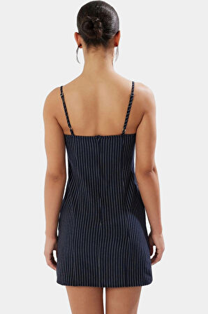 A Line Kolsuz Çizgili Mini Elbise Viskoz Dokuma Kumaştan Modern Stil Özenle Seçilmiş