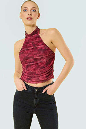 Tül Örme Bluz Halter Yaka Fitted Crop Yazlık Premium Kalite Uzun Ömürlü