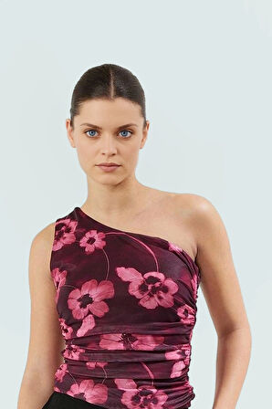 Tek Omuzlu Fitted Tül Bluz Esnek Örme Çiçek Desenli Yazlık Seçkin Malzeme