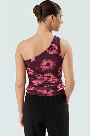 Tek Omuzlu Fitted Tül Bluz Esnek Örme Çiçek Desenli Yazlık Seçkin Malzeme