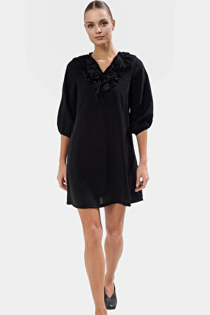 Şifon Kumaşlı Düz Kesim V Yaka Yazlık Mini Elbise Astarlı Truvakar Kol Özel Tasarım Seçkin Malzeme