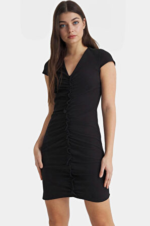 Vücudu Saran Finike Dokuma Elbise Kısa Kollu V Yaka Mini Boy Konforlu Kesim Rahat Ve Şık