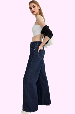 Kadın Pamuklu Denim Pantolon; Geniş Paça Günlük Şıklık Hafta Sonu Yaz Aylarının Vazgeçilmezi