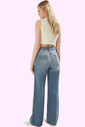 Kadın Pamuklu Denim Wide Leg Jean Pantolon Günlük Ve Rahat Kullanım Yaz Aylarının Vazgeçilmezi