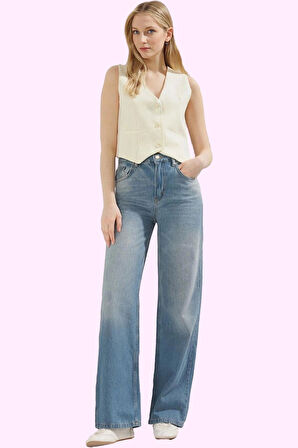 Kadın Pamuklu Denim Wide Leg Jean Pantolon Günlük Ve Rahat Kullanım Yaz Aylarının Vazgeçilmezi
