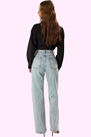 Kadın Pamuk Denim Geniş Paça Pantolon Rahat Günlük Stil Hafta Sonu Yaz Aylarının Vazgeçilmezi