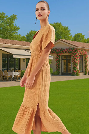 Rahat Müslin Plaj Elbisesi Tek Kol Büzgü Detaylı Yazlık Rahat Ve Şık Özenle Seçilmiş Seçkin Malzeme