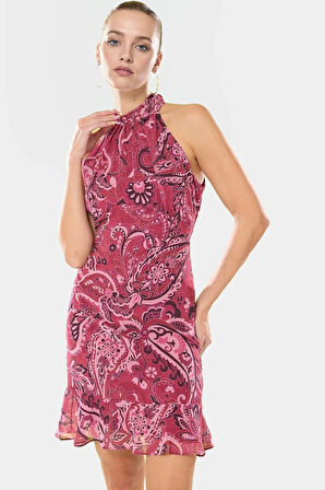 Çiçekli A line Şifon Elbise Halter Yaka Mini Boy Astarlı Konforlu Kesim Modern Stil