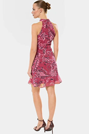 Çiçekli A line Şifon Elbise Halter Yaka Mini Boy Astarlı Konforlu Kesim Modern Stil