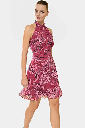 Çiçekli A line Şifon Elbise Halter Yaka Mini Boy Astarlı Konforlu Kesim Modern Stil