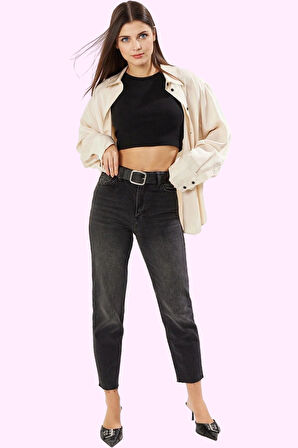 Kadın Denim Mom Jean Rahat Kalıp Uzun Boy Kesikli Paça Günlük Hafta Sonu Dayanıklı Malzeme