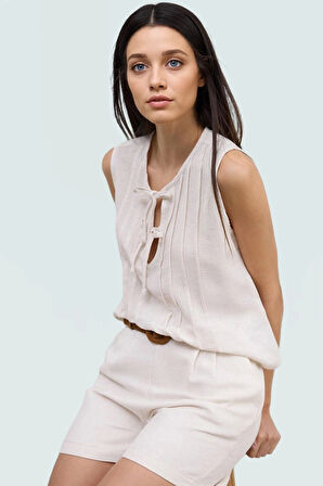 Nefes Alan Keten Bluz Bisiklet Yaka Kolsuz Regular Kalıp Mükemmel Uyum Seçkin Malzeme