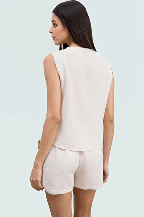 Nefes Alan Keten Bluz Bisiklet Yaka Kolsuz Regular Kalıp Mükemmel Uyum Seçkin Malzeme