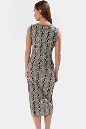 Yazlık Midi Bodycon Elbise Örme Kumaş Animal Desen Kare Yaka Trend Tasarım