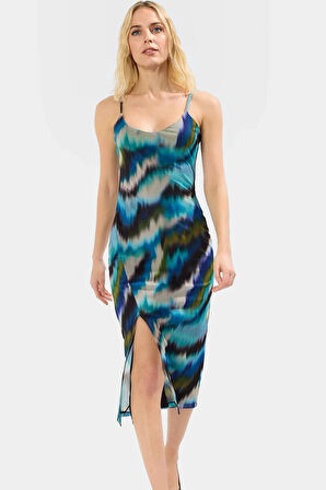 Yazlık Örme Midi Elbise V Yaka Bodycon Tül Soyut Desen Modern Stil Özel Tasarım