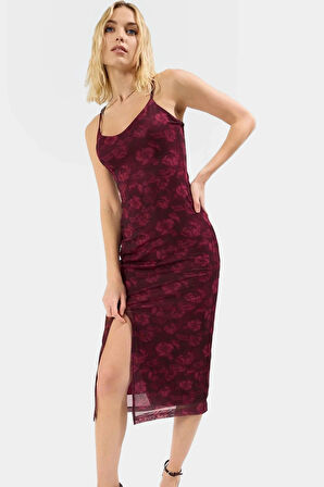 Yazlık Örme Midi Elbise V Yaka Bodycon Tül Soyut Desen Modern Stil Özel Tasarım