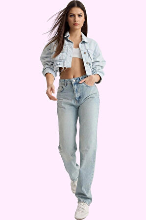 Kadın Pamuk Denim Jean; Yüksek Bel Straight Kalıp Boru Paça Günlük Kullanım Modern Tasarım