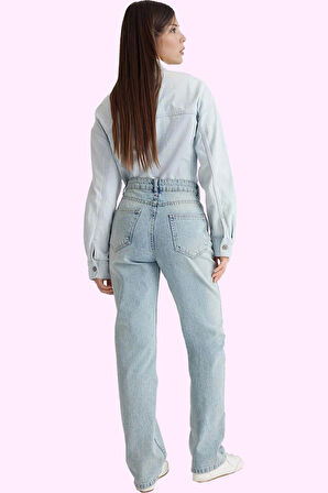 Kadın Pamuk Denim Jean; Yüksek Bel Straight Kalıp Boru Paça Günlük Kullanım Modern Tasarım