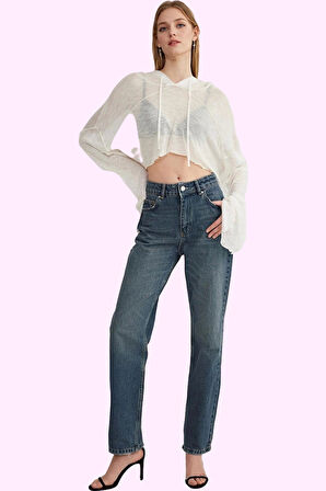 Kadın Pamuk Denim Jean; Yüksek Bel Straight Kalıp Boru Paça Günlük Kullanım Modern Tasarım