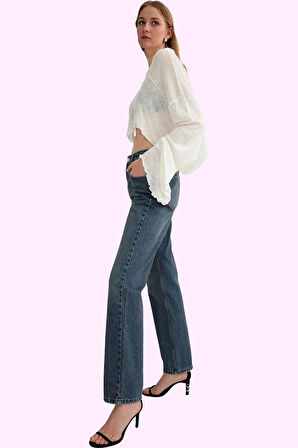 Kadın Pamuk Denim Jean; Yüksek Bel Straight Kalıp Boru Paça Günlük Kullanım Modern Tasarım