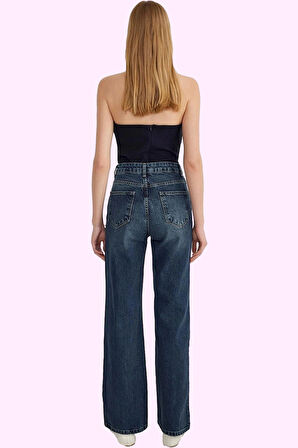 Kadın Pamuk Denim Jean Pantolon Yüksek Bel Geniş Paça Günlük Tarz Yaz Aylarının Vazgeçilmezi