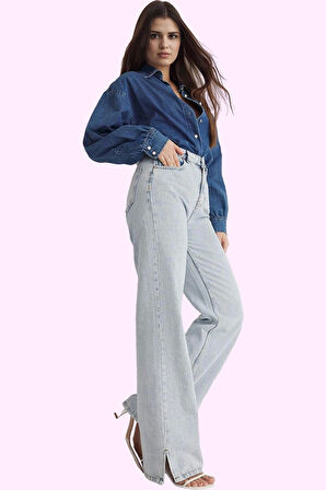 Kadın Denim Yüksek Bel Wide Leg Pantolon Pamuk Günlük Ve İş Hayatı Yaz Aylarının Vazgeçilmezi