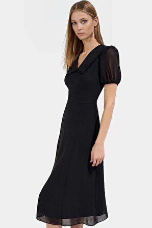 Astarlı Dokuma Şifon Elbise A Kesim Midi Boy Yazlık Profesyonel Görünüm Rahat Ve Şık