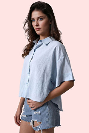 Kadın Pamuk Gömlek; Düz Desen; Kısa Kollu; Rahat Kalıp; Yazlık Günlük Kullanım Özel Günler