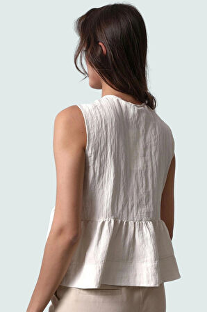 Kolsuz Crop Bluz Önü Bağcıklı Dokuma Keten Tasarım Uzun Ömürlü Şık Görünüm