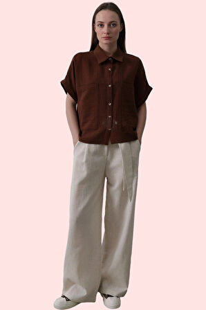 Kadın Pamuk Düz Desen Basic Oversize Kısa Kollu Gömlek Yazlık Günlük Kullanım Modern Tasarım