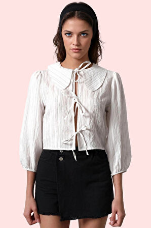 Kadın Düz Desen Crinkle Dokuma Gömlek Günlük Casual Tarz Bebe Yaka Yaz Aylarının Vazgeçilmezi